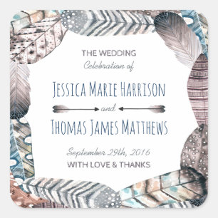 Modern Tribal Feathers Bohemian Wedding Favour Square Sticker