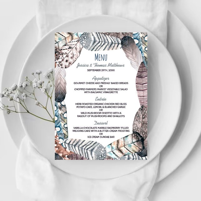 Modern Tribal Feathers Bohemian Wedding Menu (Creator Uploaded)