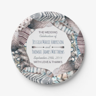 Modern Tribal Feathers Bohemian Wedding Paper Plate