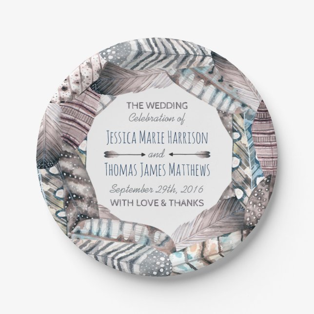 Modern Tribal Feathers Bohemian Wedding Paper Plate (Front)