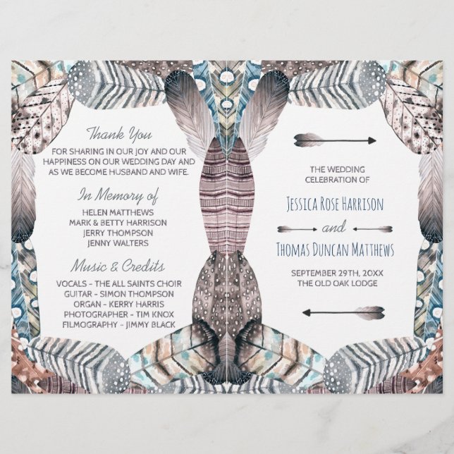 Modern Tribal Feathers Bohemian Wedding Program (Front)
