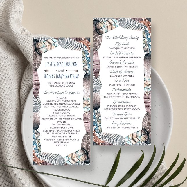 Modern Tribal Feathers Bohemian Wedding Program Rack Card (Creator Uploaded)