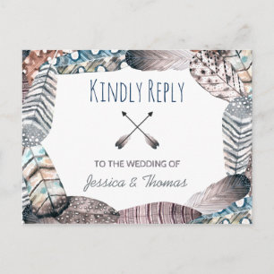 Modern Tribal Feathers Bohemian Wedding RSVP Invitation Postcard