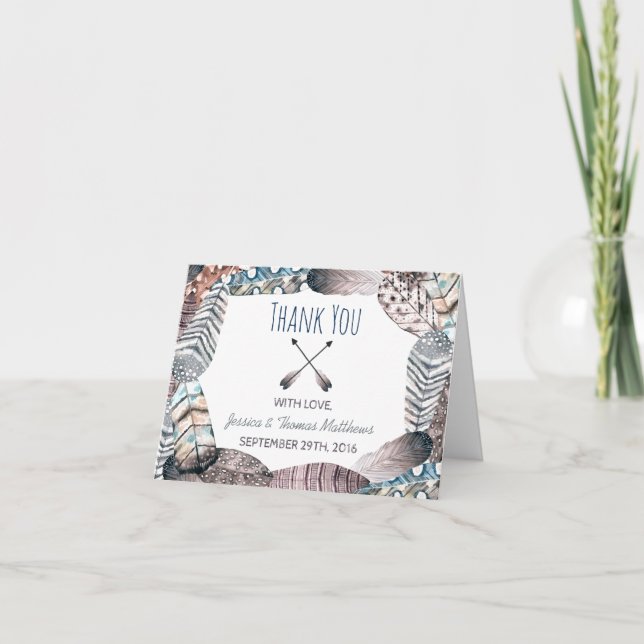 Modern Tribal Feathers Bohemian Wedding Thank You (Front)