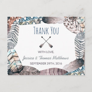 Modern Tribal Feathers Bohemian Wedding Thank You Postcard