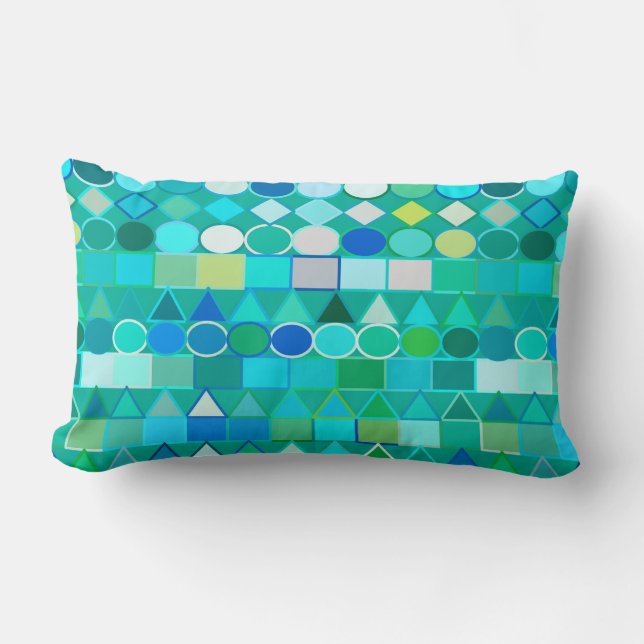 Modern Tribal Geometric, Sea Glass Aqua and Blue Lumbar Cushion (Front)