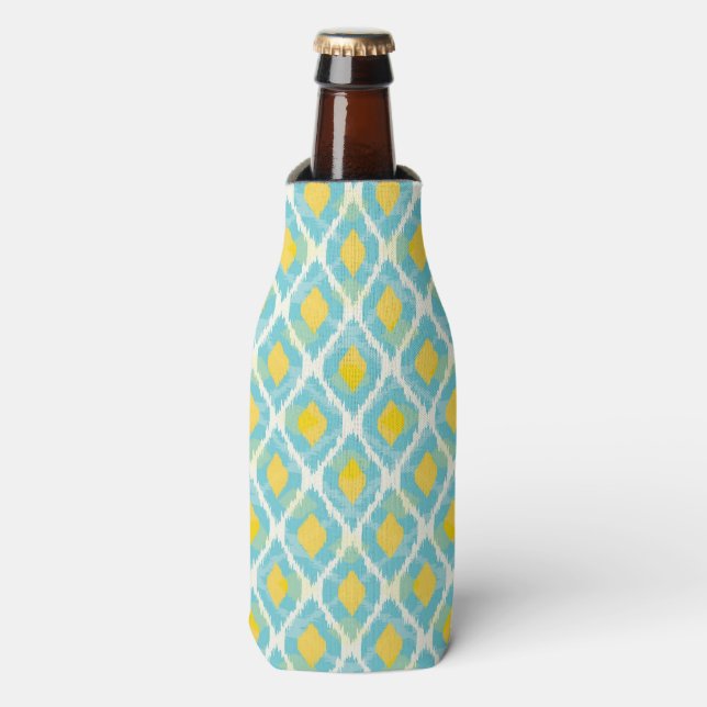 Modern tribal ikat blue yellow fashion bottle cooler (Bottle Front)