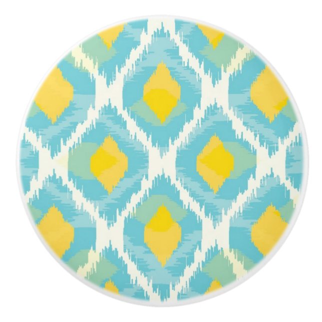 Modern tribal ikat blue yellow fashion ceramic knob (Front)