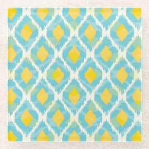 Modern tribal ikat blue yellow fashion glass coaster