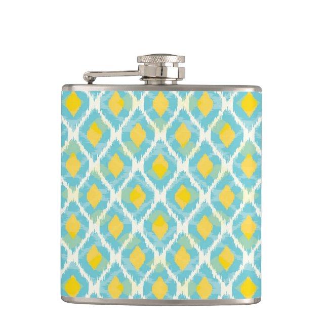 Modern tribal ikat blue yellow fashion hip flask (Front)