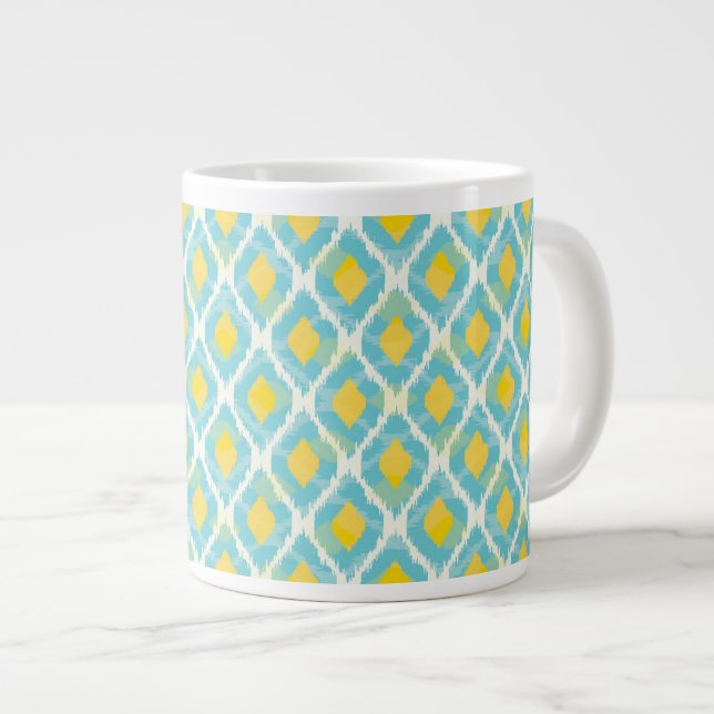 Modern tribal ikat blue yellow fashion large coffee mug (Front Right)