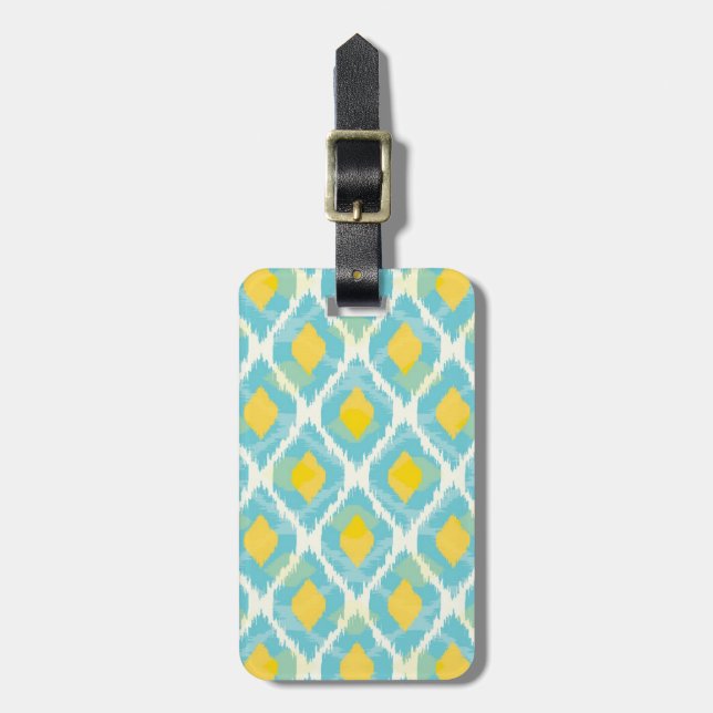 Modern tribal ikat blue yellow fashion luggage tag (Front Vertical)