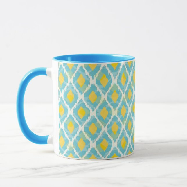 Modern tribal ikat blue yellow fashion mug (Left)