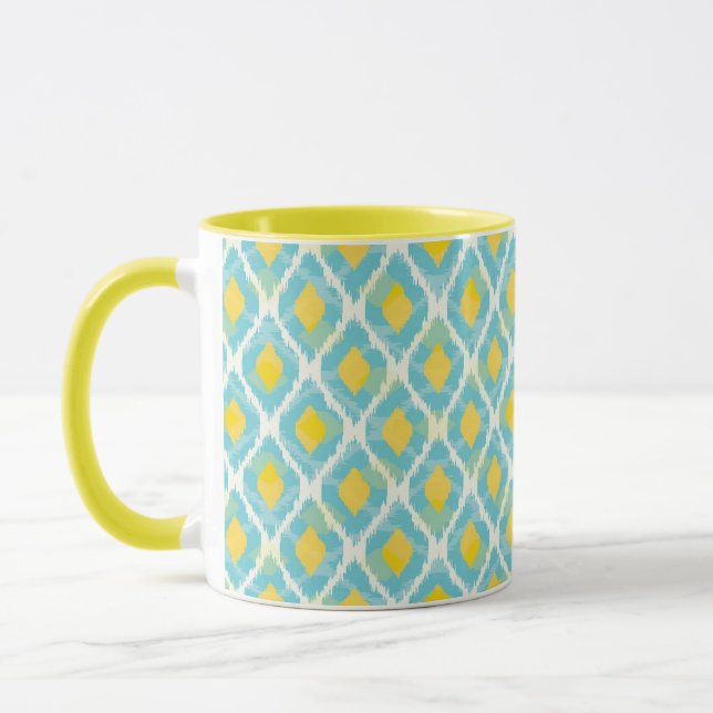 Modern tribal ikat blue yellow fashion mug (Left)