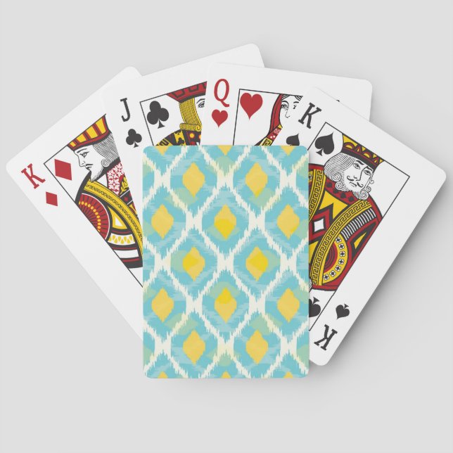 Modern tribal ikat blue yellow fashion playing cards (Back)