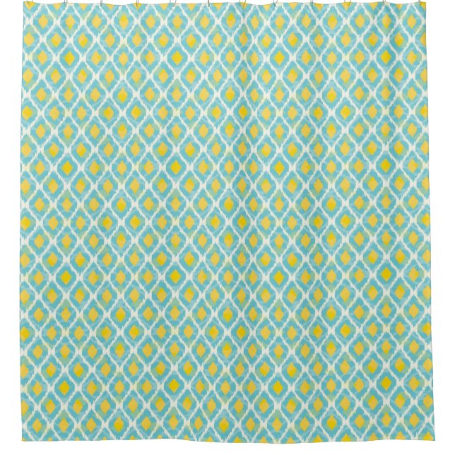 Modern tribal ikat blue yellow fashion shower curtain (Front)