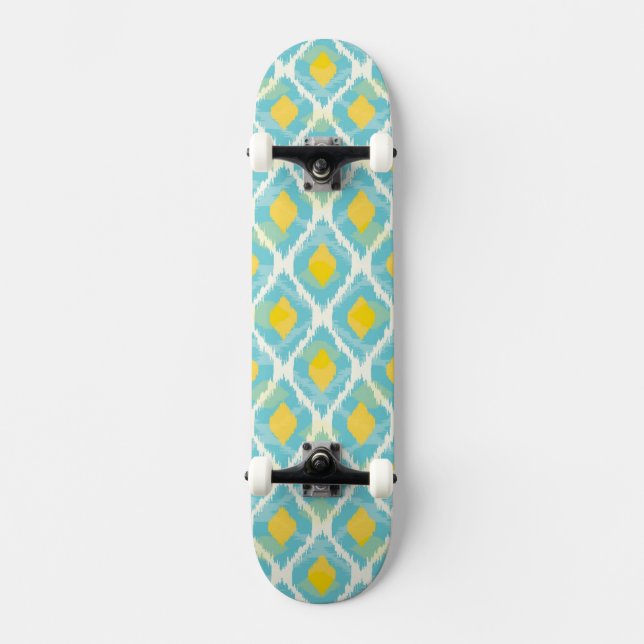 Modern tribal ikat blue yellow fashion skateboard (Front)