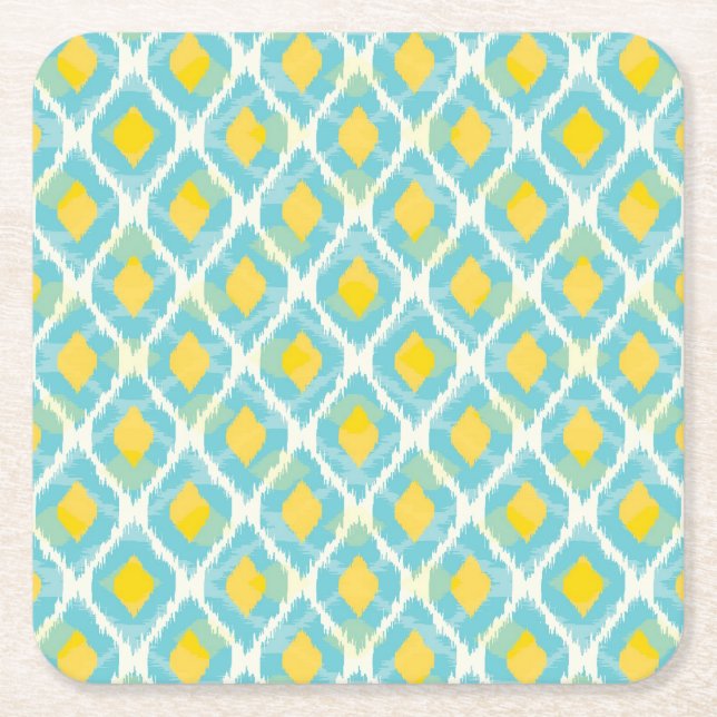 Modern tribal ikat blue yellow fashion square paper coaster (Front)