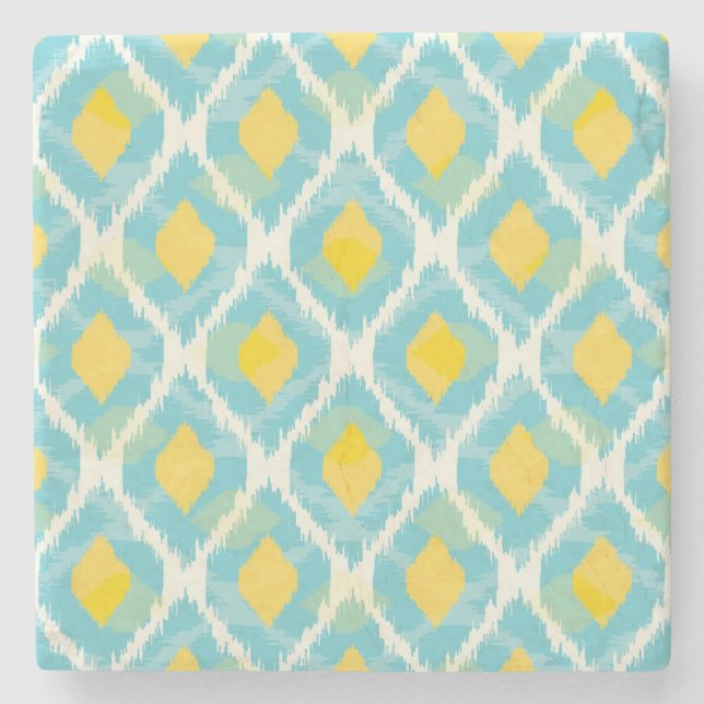 Modern tribal ikat blue yellow fashion stone coaster (Front)