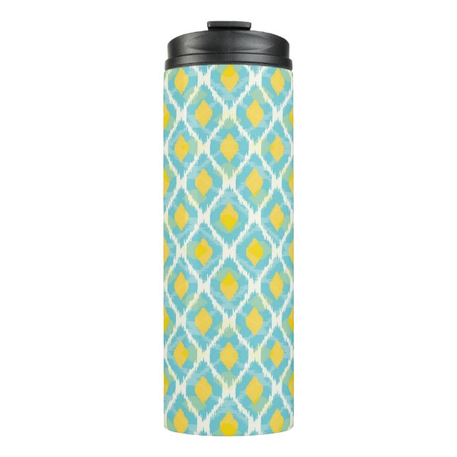 Modern tribal ikat blue yellow fashion thermal tumbler (Front)