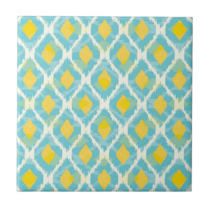 Modern tribal ikat blue yellow fashion tile