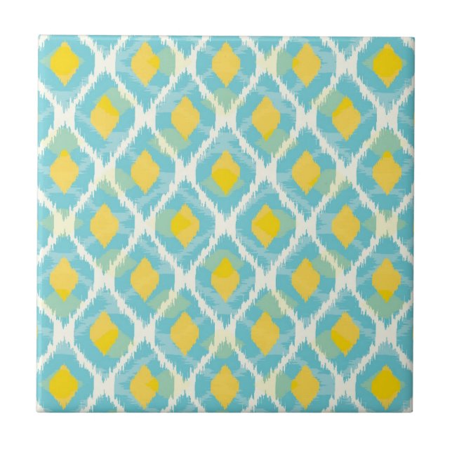 Modern tribal ikat blue yellow fashion tile (Front)
