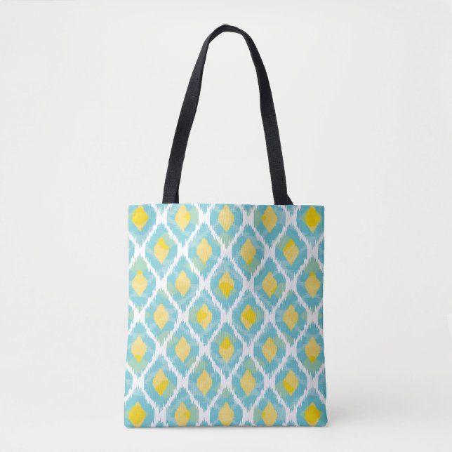 Modern tribal ikat blue yellow fashion tote bag (Front)