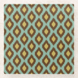 Modern tribal ikat blue yellow modern glass coaster