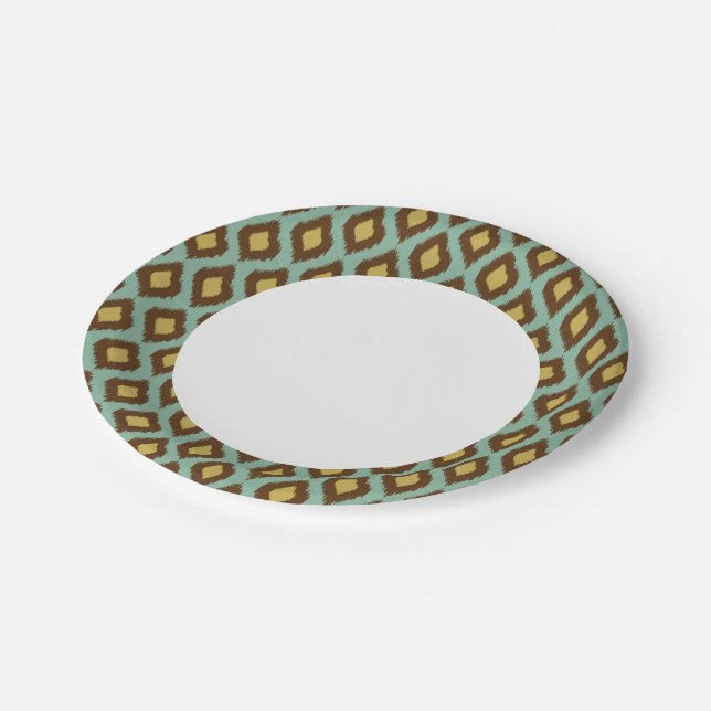 Modern tribal ikat blue yellow modern paper plate (Angled)