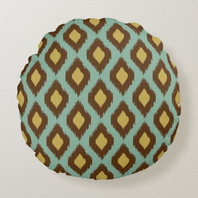Modern tribal ikat blue yellow modern round cushion (Front)