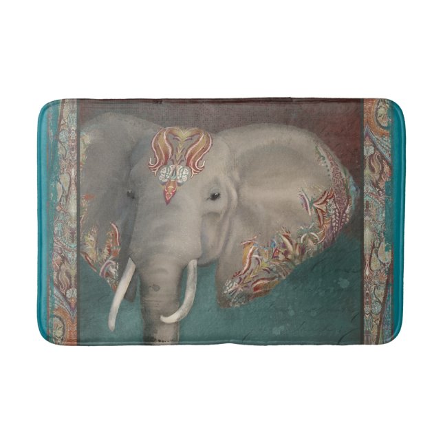 Modern Tribal Kashmir Paisley Border Elephant Art Bath Mat (Front)