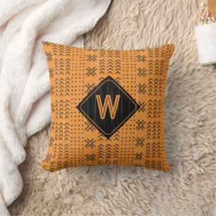 Modern Tribal Orange Mudcloth African Monogram Cushion