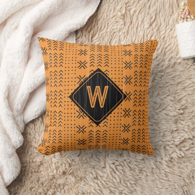 Modern Tribal Orange Mudcloth African Monogram Cushion (Blanket)