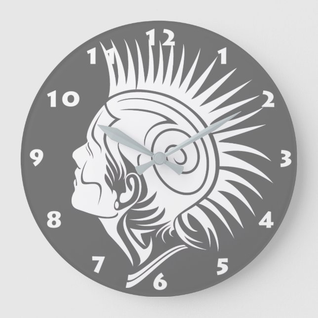 MODERN TRIBAL PUNK WITH MOHAWK AND WHITE NUMBERS LARGE CLOCK (Front)
