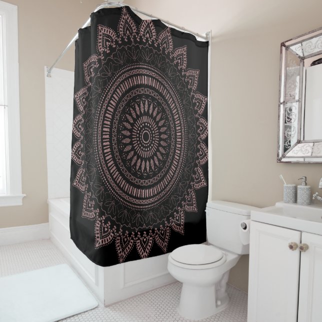 Modern tribal rose gold mandala design shower curtain (In Situ)