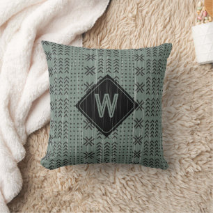 Modern Tribal Sage Green Mudcloth African Monogram Cushion