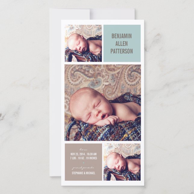 Modern Trio Photo Baby Boy Birth Announcement (Front)
