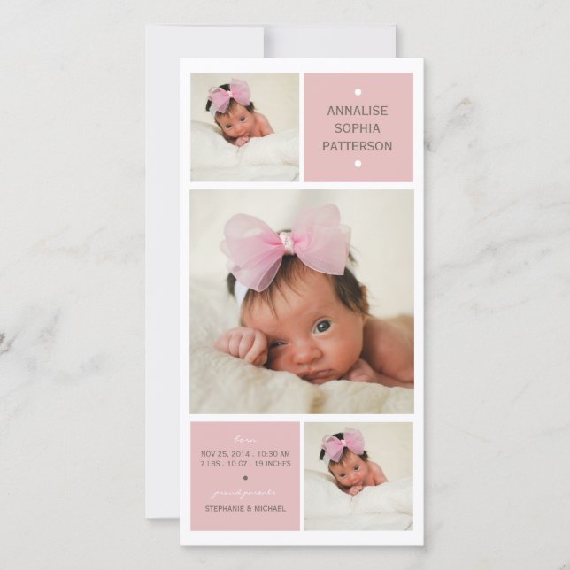 Modern Trio Photo Baby Girl Birth Announcement (Front)