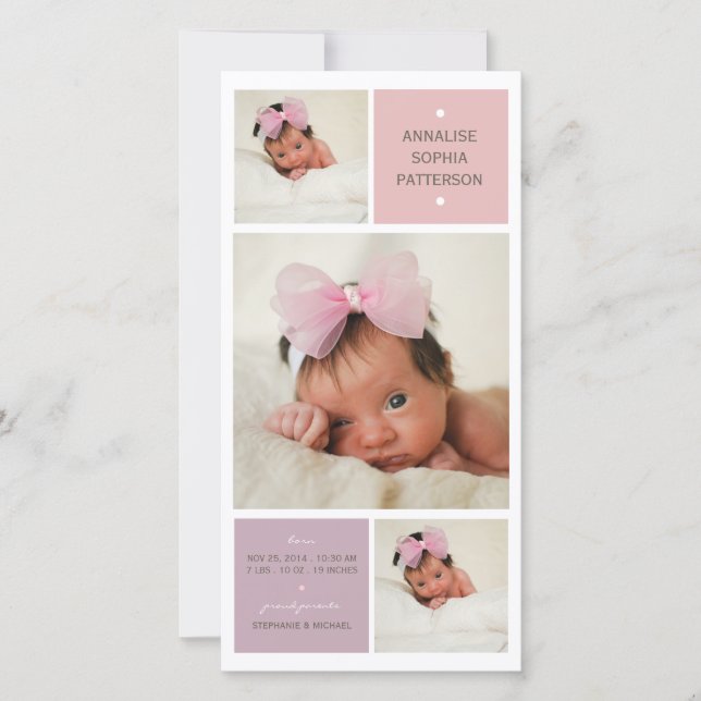 Modern Trio Photo Baby Girl Birth Announcement (Front)
