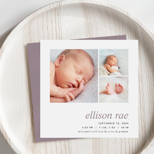 Modern Trio Simple Minimal Photo Birth Announcement