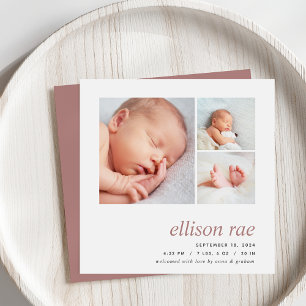 Modern Trio   Simple Minimal Photo Birth Announcement