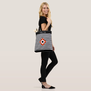 Modern Triple Diamond on Black & White Stripes Tote Bag