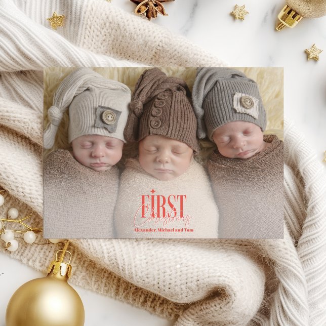 Modern Triplets First Christmas Custom Photo Holiday Card (Creator Uploaded)