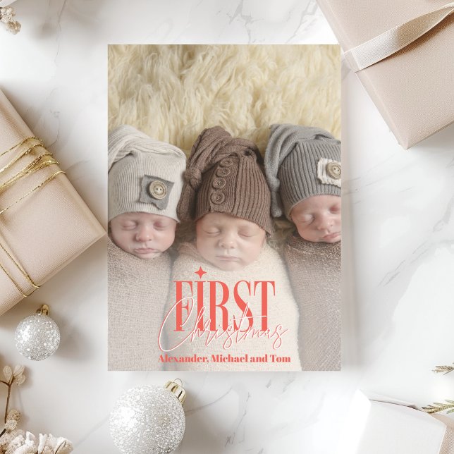 Modern Triplets First Christmas Custom Photo Holiday Card (Creator Uploaded)