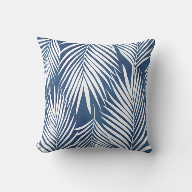 Modern Tropic Blue White Palm Leaves Outdoor Pillo Cushion (Front)