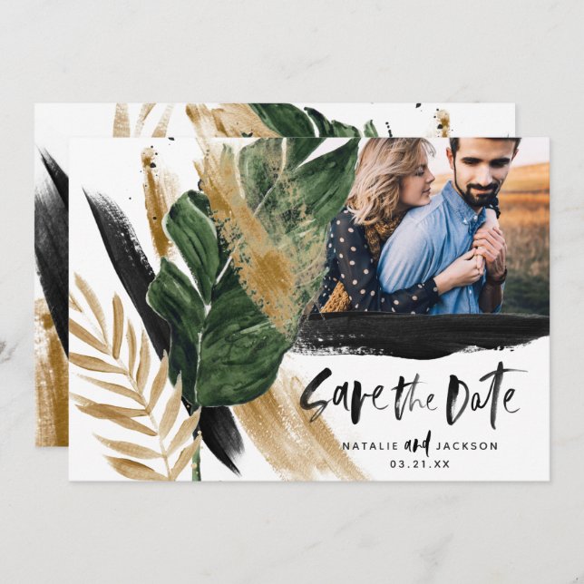 Modern tropical abstract  black gold save the date invitation (Front/Back)