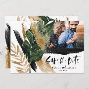 Modern tropical abstract  black gold save the date invitation