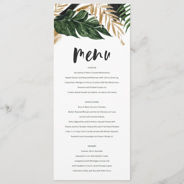 Modern tropical abstract painted wedding menu (Front)
