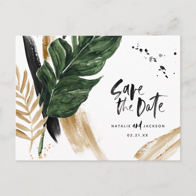 Modern tropical abstract painted wedding save the announcement postcard (Front)