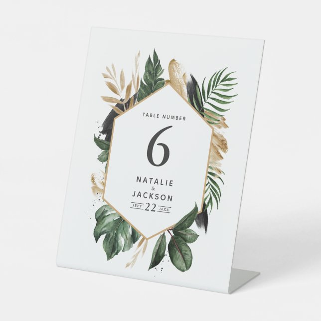 Modern tropical abstract wedding table numbers pedestal sign (Front)